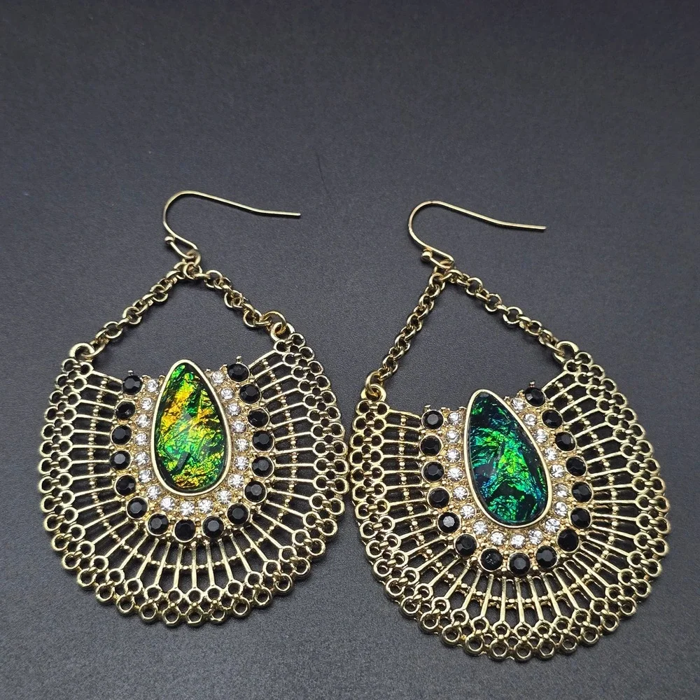 Blue Green Iridescent Earrings GOld Tone Statement Fan Shape